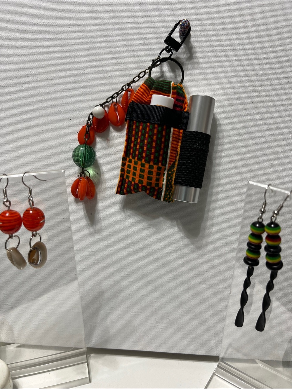 Colorful African Print Dual Lipstick Balm Holder Keychain  2 pairs earrings